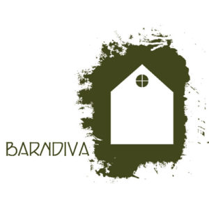 The name of the restaurant/lounge "Barndiva" is written beside a white barn shrouded in a green cloud-like circle