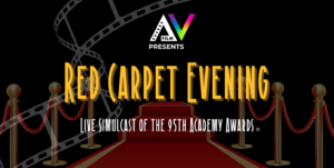 the words red carpet evening hovering over a red carpet entrance to a fancy event