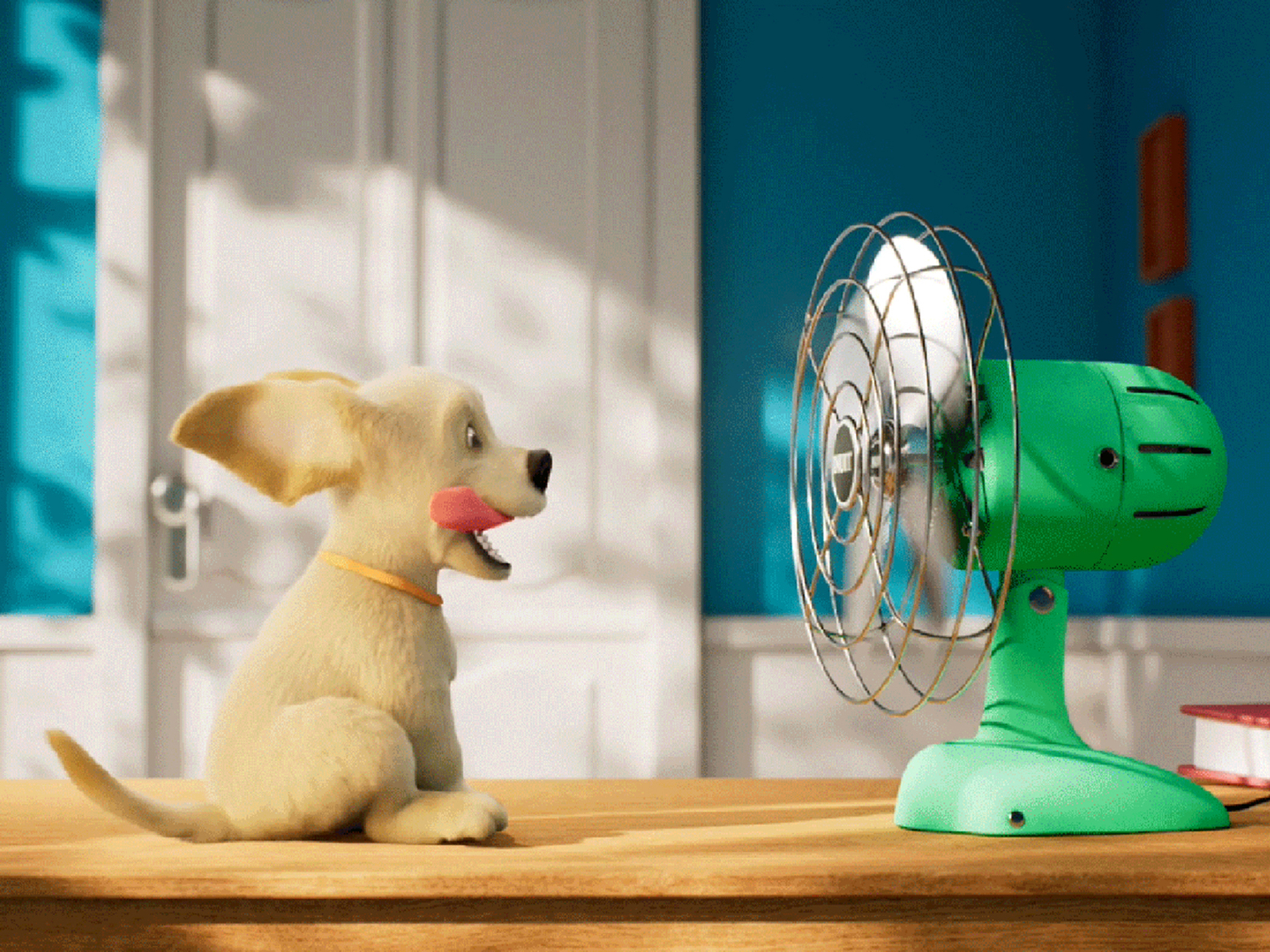 Animation picture of a room with a door in the background and a table. On the table is a puppy dog staring with his tongue out and ears flapping in the air, looking happily at a moving fan.