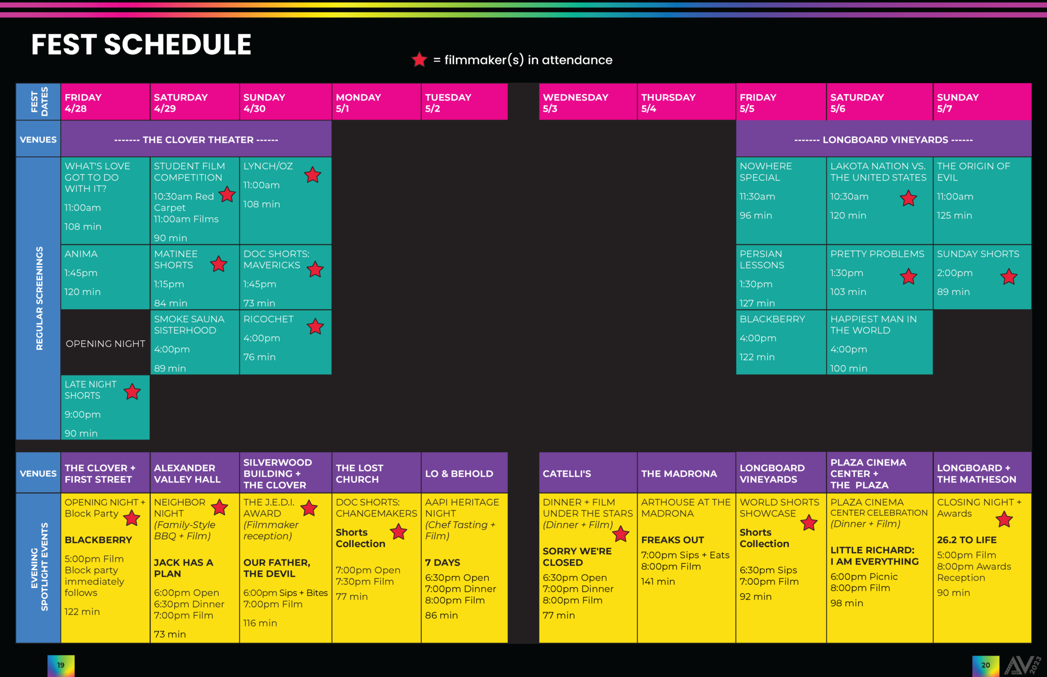A grid with festival screening times and locations